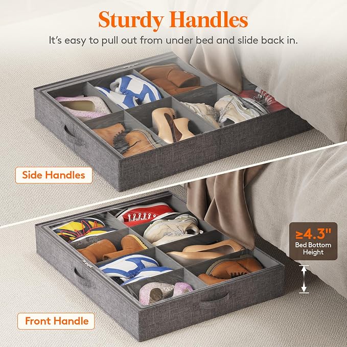 Lifewit Under Bed Shoe Storage Organizer Fits 8 Pair Sneakers, 4.3 Inches Tall Sturdy Structure Ultra Thick Fabic Sneaker Storage, Foldable Underbed Shoe Boxes for Heels, Boots, Sports Shoes 4 Pack