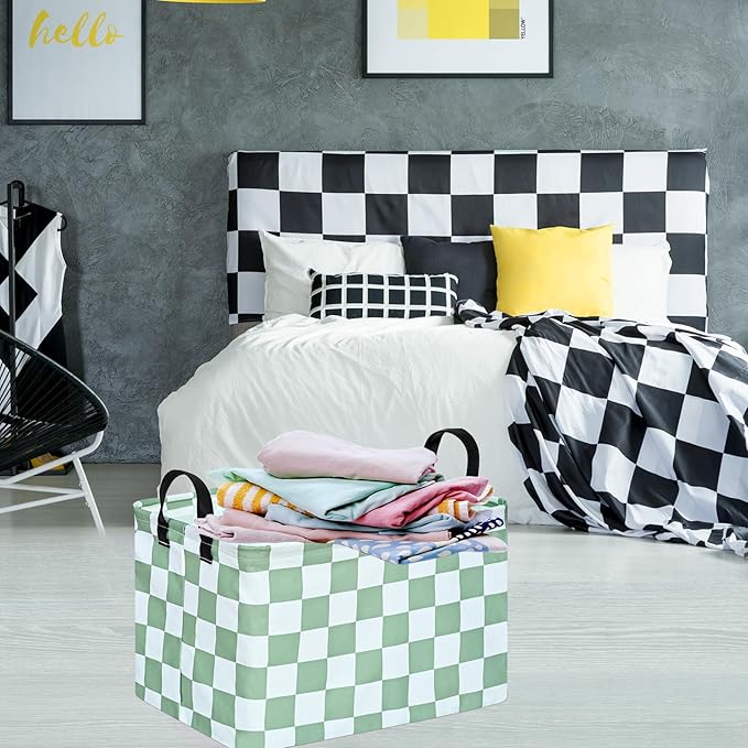 MAIZMZ Sage Checkered Storage Basket Baby Toys Organizer Bins Decorative Gifts Bakset Waterproof Nursery Hamper Women Storage Cube Kids Laundry Basket for Home/Dorm/Kitchen/Pet/Office/Closet/Shelf/