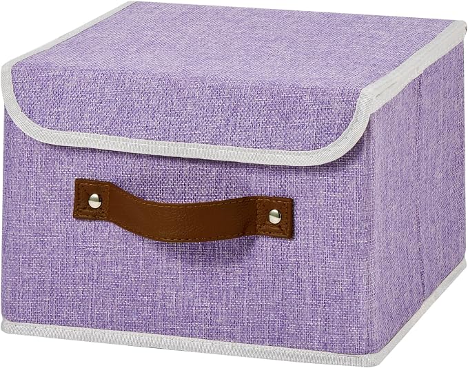 Collapsible Storage Boxes Baskets with Lid Cotton Linen Fabric Storage Bins with Faux Leather Handles Decor Washable Cube Organizer Container for Home Closet Bedroom (Purple, Small Size)