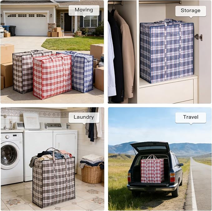 3 Pack 158L Extra Large Moving Bags with Zippers & Carrying Handles, Heavy-Duty Tote Storage Bags Closet Organizers Laundry Bag, Plaid Bag for Traveling, 27.5" x 11.8" x 29.5", Red/Black/Blue