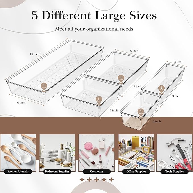 Criusia 11 PCS Clear Plastic Drawer Organizer Set - 5 Large Size Versatile Kitchen and Bathroom Organizer Trays, Non-Slip Storage Bins for Makeup, Utensils, Tool and Office Desk
