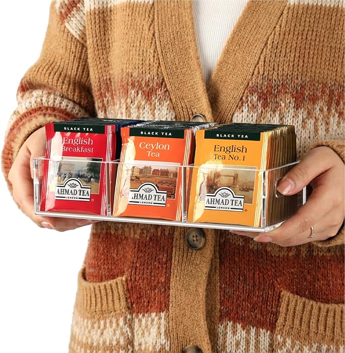 FUCDTEFC Tea Bag Organizer, Small Clear Tea Bag Holder for Drawer Kitchen Cabinets Pantry Countertops Organizers Storage, BPA-Free Acrylic Coffee Pods, Sugar Packets,Plastic Teabag Bins Home Organizer