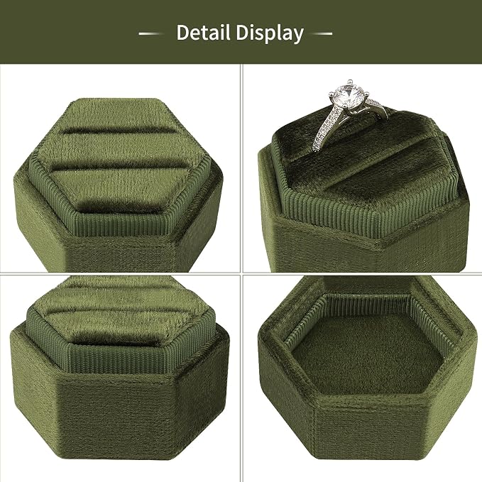 DesignSter Velvet Jewelry Ring Box,2 Slots Jewelry Ring Gift Box Vintage Ring Display Holder with Detachable Lid for Proposal, Engagement, Wedding, Ceremony(Dark grass green)
