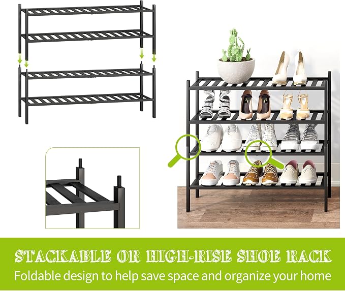 BMOSU 2-Tier Bamboo Extended Shoe Rack Premium Stackable Shoe Shelf Storage Organizer for Hallway Closet Living Room Entryway Organizer (Black Bamboo)