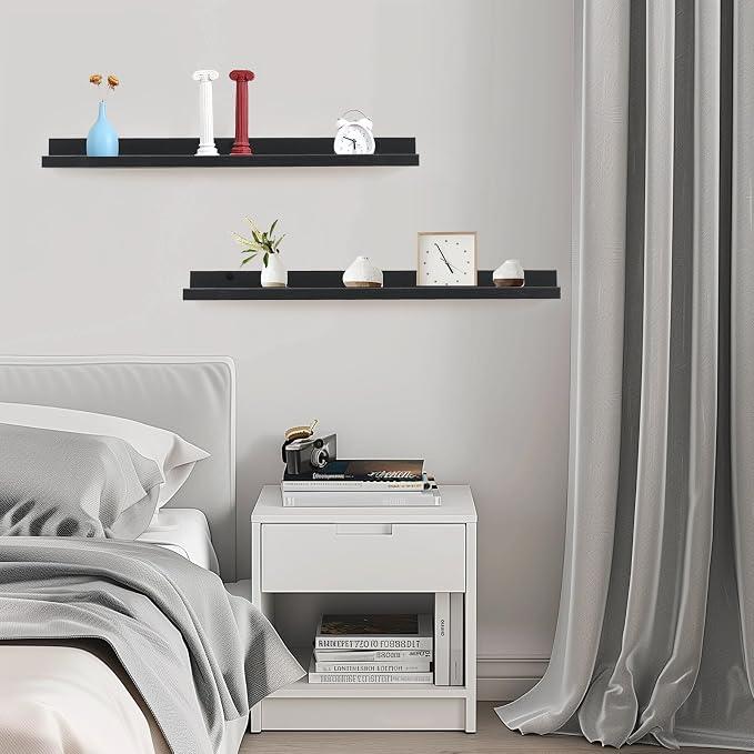 Muzilife 35.4" Large Floating Shelves Wood Wall Shelf with Lip, 2Pcs, Black | FSC-Certified Wood | 20 lbs Capacity | Space-Saving | Hanging Shelf | Wall Decor| Bedroom,Living Room,Bathroom,Kitchen,Office