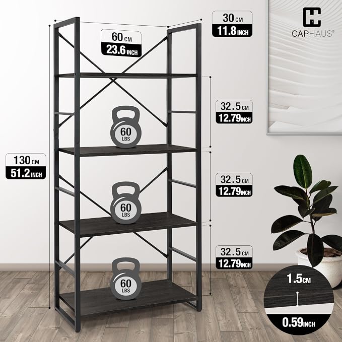 CAPHAUS 4 Tier Bookshelf, 24 Inch Width Free Standing Shelf, Bookcase Shelf Storage Organizer, Industrial Book Shelves for Home Office, Living Room, Kitchen, Black Vintage Shelves & Metal Frame