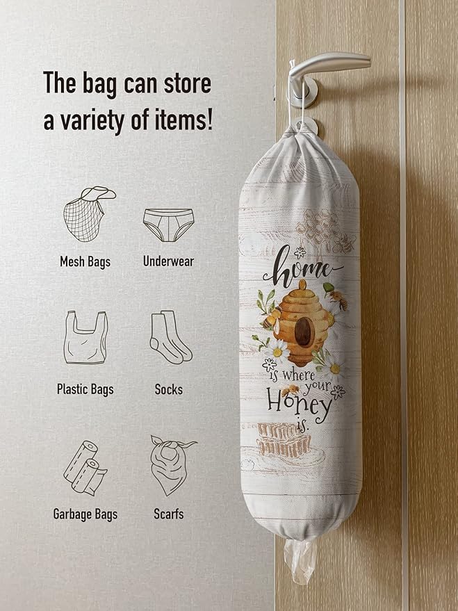 Hglian Bee Grocery Bag Holder,Plastic Bags Organizer Storage Farmhouse Kitchen Décor-Home is Where Your Honey is