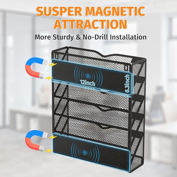 6-Tier Magnetic File Holder, No Drilling Magnetic File Organizer Folder Holder, Black Hanging Magnetic Paper Holder for Refrigerator, Whiteboard, File Cabinets, Office, Kitchen (Black, 6-Tier)