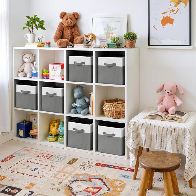 Cupic Cupid 11 Inch Storage Cube, Fabric Cube Storage Bin with Handles, Storage Cube Organizer for Clothes and Toys, Collapsible Cube Bins for Closet, Shelves, Nursery, 6-Pack, Gray and White