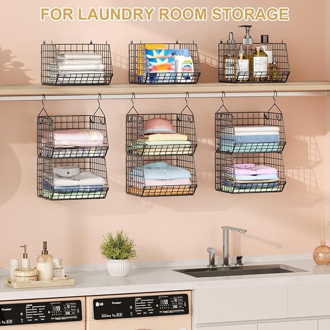 6 Tier Closet Hanging Organizer, Clothes Hanging Shelves with 4 Hanging Hooks 5 S Hooks, Wire Storage Basket Bins, for Clothing Sweaters Shoes Handbags Clutches Accessories Patent Design-Black