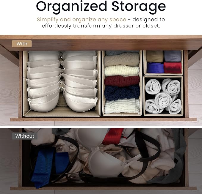 Reli. Drawer Organizers (14 Pack) | Storage Dividers, Dresser Dividers & Organization Bins for Clothes, Baby Nursery | Foldable Fabric Drawer Containers for Bras, Socks, Underwear (Beige)