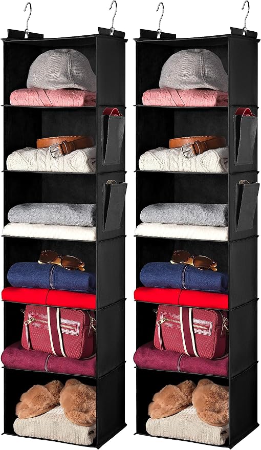 Hanging Closet Organizer - 6 Shelf Storage for Clothes, Sweaters, Shoes & Accessories - Space-Saving Wardrobe Shelves with Hooks for Dorm, RV & Small Closet Organization (Black) (Pack of 2)