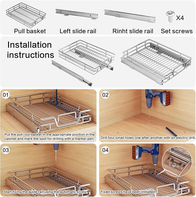 2-Tier Kitchen Cabinet Pull Out Shelf and Drawer Organizer Slide Out Pantry Storaqe Basket in Multiple Sizes (11" W x 18" D)