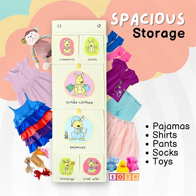 Cool-Stuff Kids Hanging Clothes Organizer – Over The Door Storage for Pajamas, Toys, Socks – Wall Mount Closet Organizer for Toddler, Preschool, Kindergarten – Water-Resistant, Beige, 44x14.5