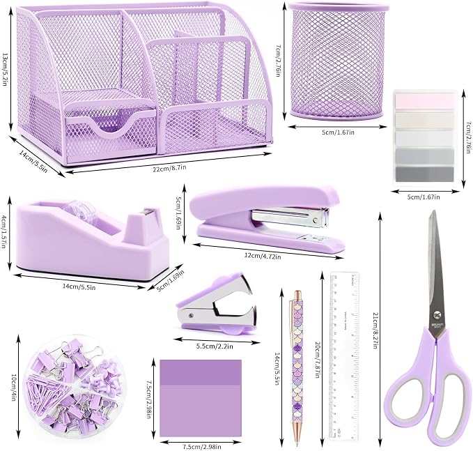 Purple Desk Organizers and Accessories,12Pcs Pink School Supplies for Girl | Office Supplies for Women Coworkers Students, Include Stapler, Pen Holder, Tape Holder, Scissors, Ruler, Staple Remover