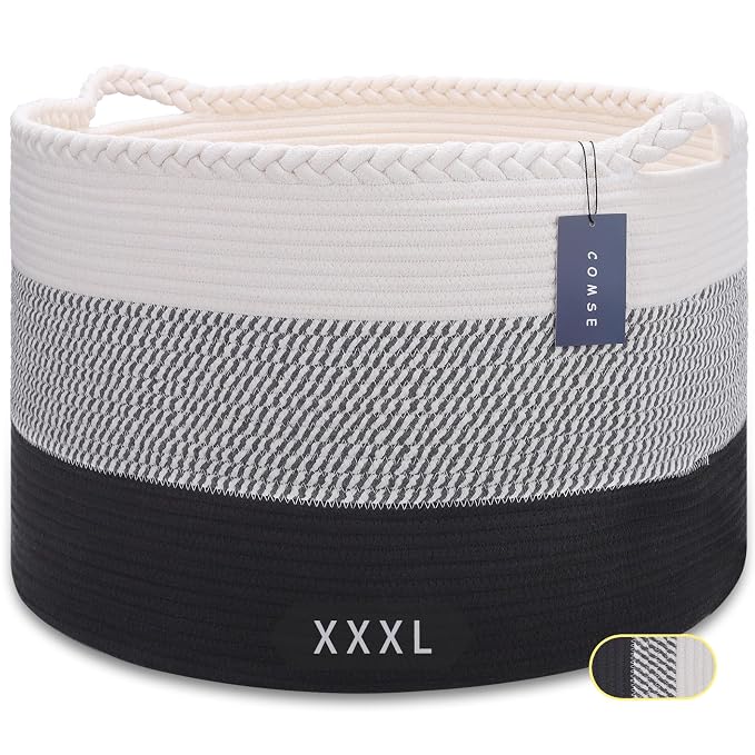 COMSE Extra Large Blanket Basket, Woven Laundry Basket, 21.7”x 13.8”, Nursery Hamper, Cotton Rope Laundry Hamper Living Room for Storage Toys Clothes Towels (White &Gray &Black)
