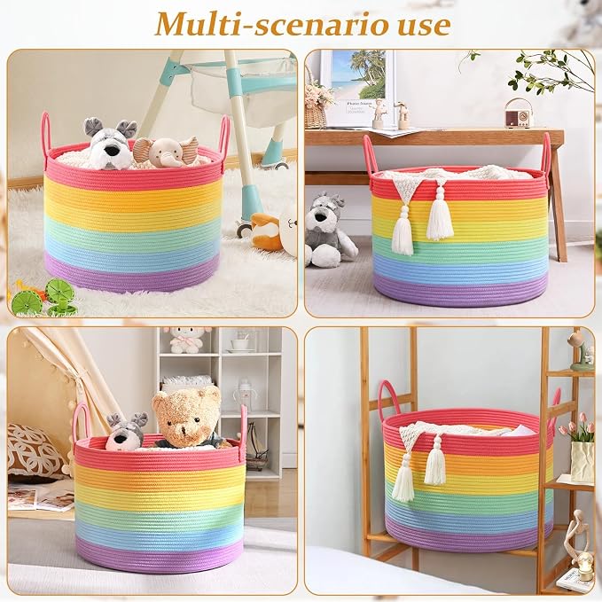 67L Large Rainbow Blanket Basket, Cotton Rope Baby Laundry Hamper with Handles, Kids Toy Basket for Classroom & Nursery, Soft Round Stuffed Animal Storage, Dog Toy Bin - 20"x13", Rainbow