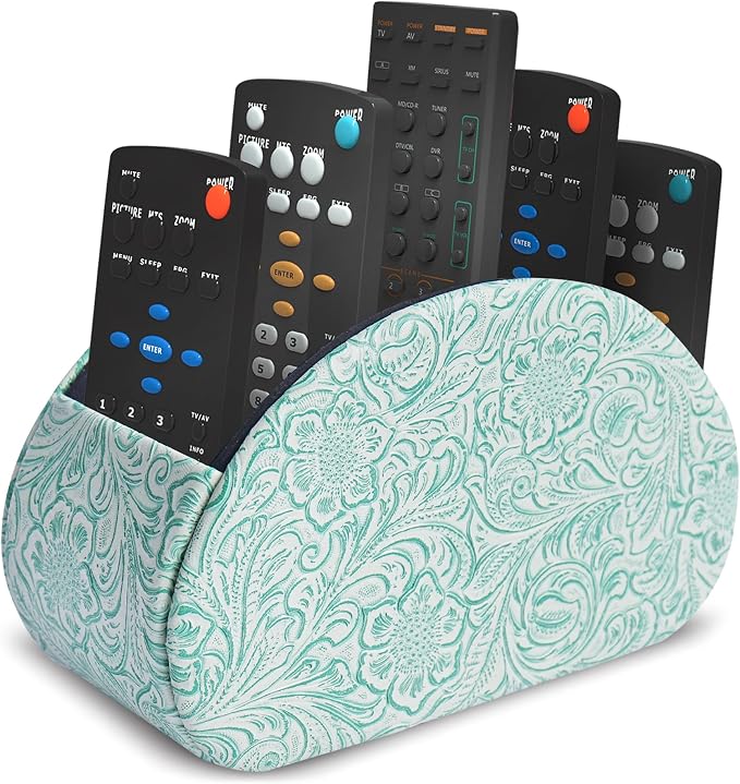 Remote Control Holder, PU Leather Remote Caddy Desktop Organizer with 5 Spacious Compartments for TV Remotes/Media Controllers/Office Supplies (1-Carved3 Green2