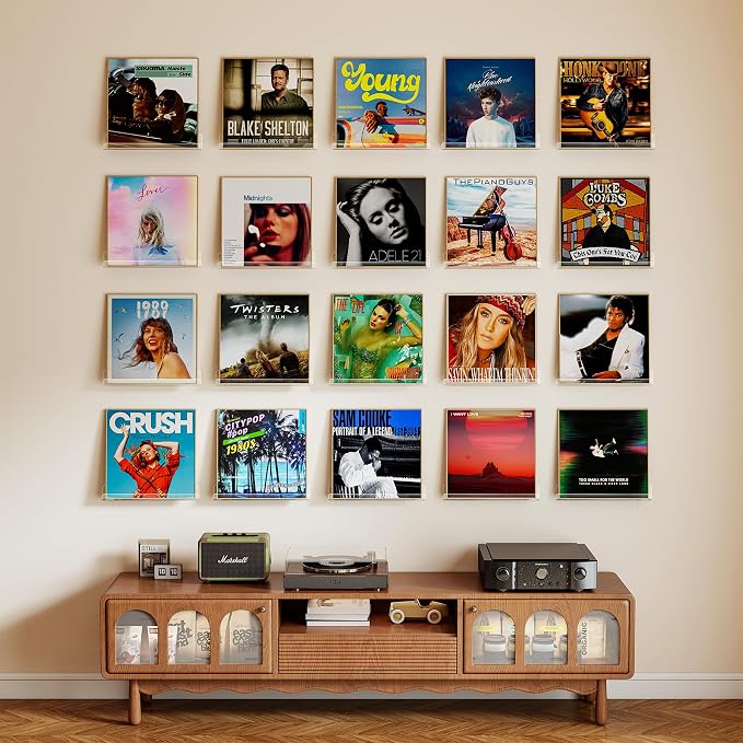 Laurensory Vinyl Record Wall Mount Shelves, 12 inch Vinyl Holder, 20 Pack | Clear Acrylic Floating Shelves for Album Record Storage Display, Wall Decor, Magazine Rack, Kids Bookshelf, Picture Ledge