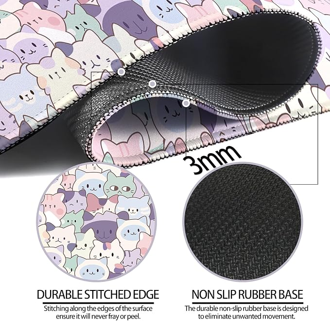 Cute Pink Cat Gaming Desk Mat, Computer Keyboard Large Extended Kawaii Pastel Cat Mouse Pad for Office and Home, 31.5×11.8 Inches, XL