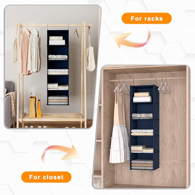 Hanging Closet Organizer 5-Shelf, Oxford Fabric Wardrobe Storage, Navy Blue | Easy-mount foldable design holds clothes, handbags, shoes & accessories; washable Oxford fabric, sturdy and space-saving.