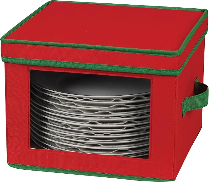 Household Essentials 536RED Holiday China Storage Chest with Lid and Handles | Dinner Plate | Red Canvas with Green Trim