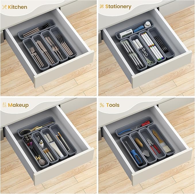5 Pack Silicone Drawer Organizer for Kitchen, DIY Free Combination Silverware Organizer, Utensil Drawer Organizer, Moisture-proof and Heat-resistant up to 200°C, Anti-slip Design (Grey)