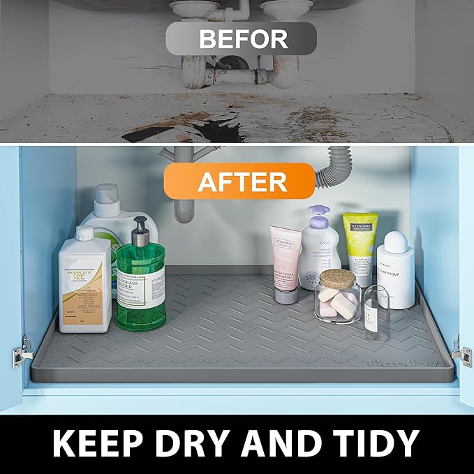 TigeJoy Waterproof Under Sink Mat 31" x 22", Shelf Liner Protector in Kitchen and Bathroom, Silicone Cabinet Liners for Organizers and Storage, Fit as Drawer Mats or Drip Tray