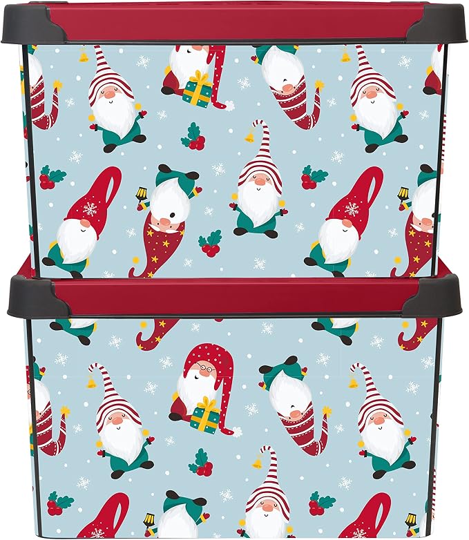 Simplify “Gnome Sweet Gnome" Design Storage Bin | Christmas Tote | Holiday Décor Decorations Organizer | Lidded | Stackable | White