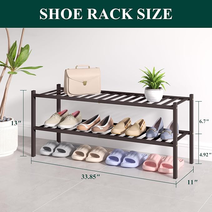 Smiry Bamboo Shoe Rack for Closet, 2 Tier Long Wooden Shoe Organizer, Stackable Wood Shoe Storage Shelf for Entryway, 14 Vertical Slats, One-piece Heavy-Duty Legs, 33.86"x11.02"x12.99", Brown