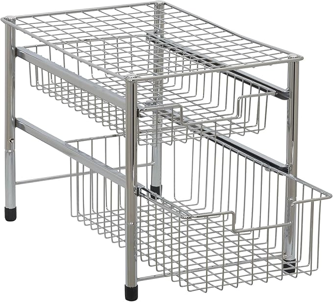 Household Essentials Free Standing Two Basket Sliding Cabinet Organizer with Metal Frame, Silver Finish