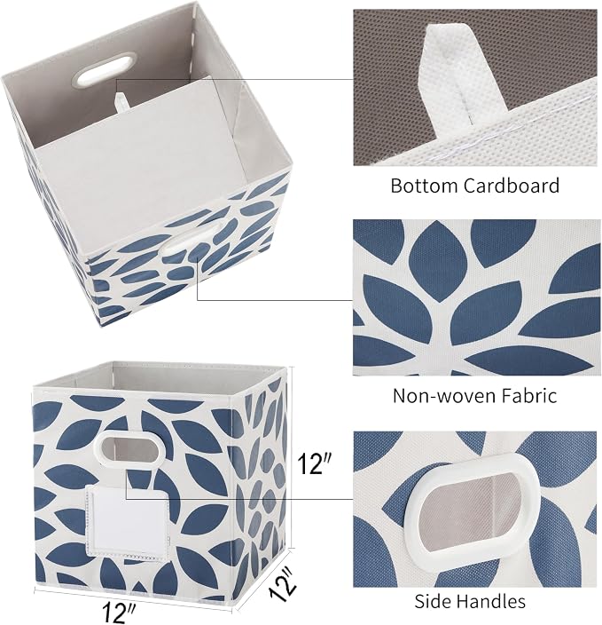 MAX Houser 6 Pack Foldable Fabric Storage Bins with Handles - Ideal for Closet Organization, Bedroom （Blue, 12"x12"x12"）