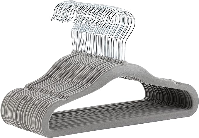 Amazon Basics Kids Velvet Non-Slip Space Saving Clothes Hangers with Shoulder Notches, Sturdy Closet Organizer for Baby/Toddler, 11.6", Gray, 30-Pack