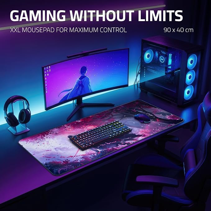 XXL Anime Gaming Mouse Pad 35.4 x 15.7 inch - Water-Resistant & Stitched Edges - Large XL Mousepad for Desk - Gamer Accessories Big Full Deskpad Mat Game Mousepads Deskmat