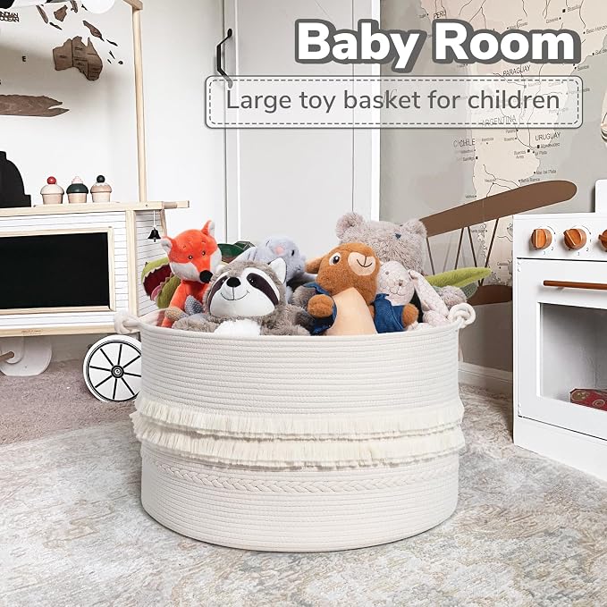 CherryNow 22"x22"x14" Large Blanket Basket, Home Décor for Living Room Bedroom, Boho Decorative Laundry Basket for Clothes, Baby Toy Storage, White