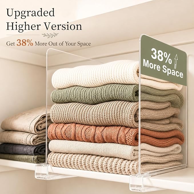 SortNStore Shelf Dividers Purse Organizer for Closet: 11-inch Tall(Extra Tall) Acrylic Sweater Organizer - Upgraded Extra Height for Large Handbags, Totes, Clothes, Towels on Wood Shelves 10-Pack