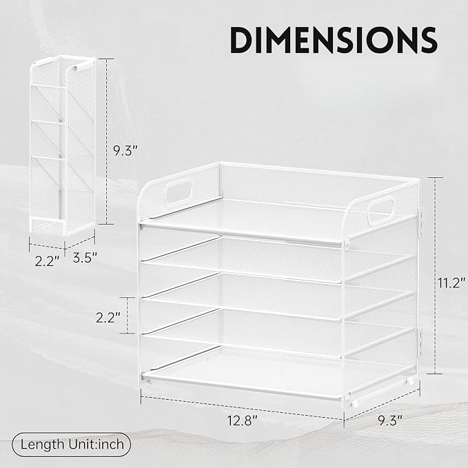 SUPEASY 5 Tier Desk Organizer with Handle & Removable Pen Holders, Mesh Paper/File Organizer for Desk, Paper Letter Tray Organizer for Office Supplies (White)
