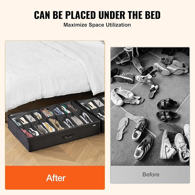 VEVOR Under Bed Shoe Storage Organizer, Set of 2, Total 32 Compartments, Underbed Shoes Closet Storage Solution with Clear Window, Breathable, Foldable Fabric Container Box with Reinforced Handles
