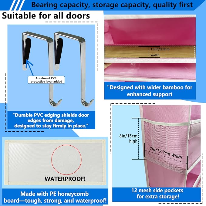 Over the Door Organizer Storage 6 Tier, 12 Large Capacity Side Pockets, Heavy Duty Metal Reinforced Hook Anti Tilt 75 LB Load Behind Door Storage for Bedroom Bathroom Pantry Nursery