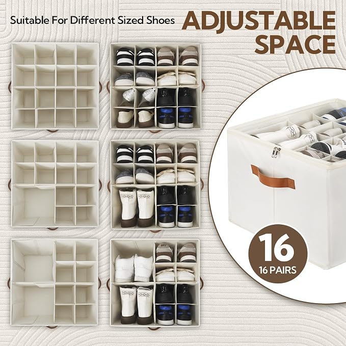 VZZNN 2 Pack Shoe Organizer for Closet, Foldable Shoe Storage Bins with Clear Cover and Adjustable Dividers, Fits up to 16 Pairs, Large Shoe Box Storage Containers with Reinforced Handles (Beige)