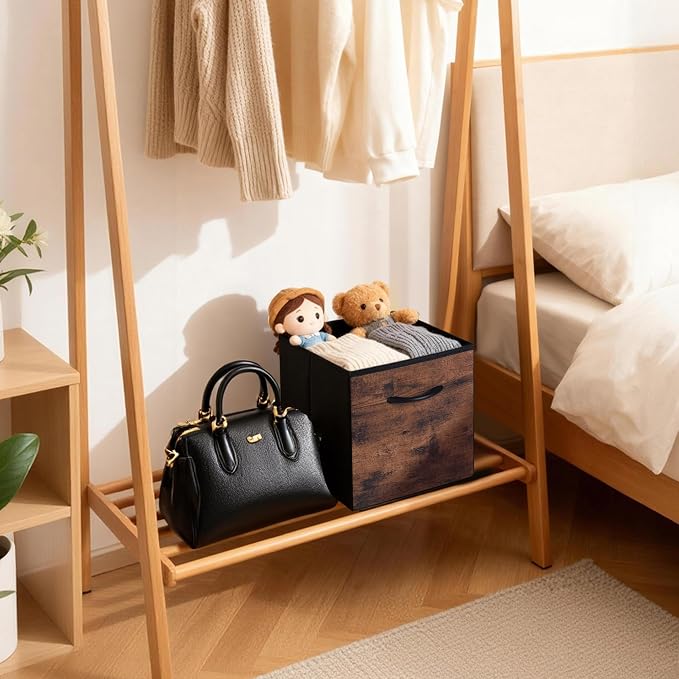 WUIKE 11-Inch Rust Brown Cubby Organizer Baskets with Handles, 4-Pack | 11-Inch Storage Cube Bins,Collapsible Storage Bins for Shelf Units, Closets, Clothes, Toys, Towels, and Bags