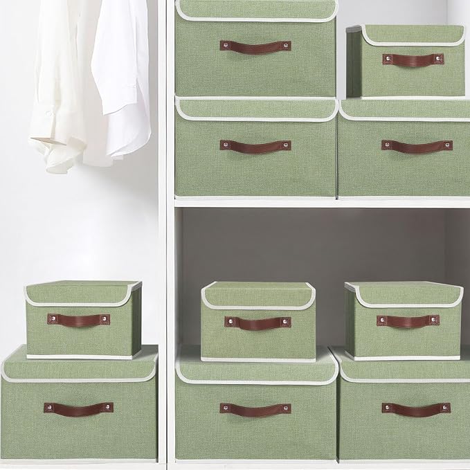 ANMINY Storage Bin with Lid Storage Boxes with PU Leather Handles PP Plastic Board Decorative Foldable Lidded Cotton Linen Fabric Home Cubes Baskets Closet Organizer Container - Green, Medium