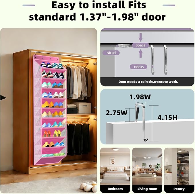 PAULONE 10-Pocket Multi-Use Over the Door Organizer, Heavy Duty 95lbs Capacity with Breathable Mesh, Versatile Hanging Storage for Shoes, Toys, Office Supplies-Classic (Blush Pink, 10-Shelf,)