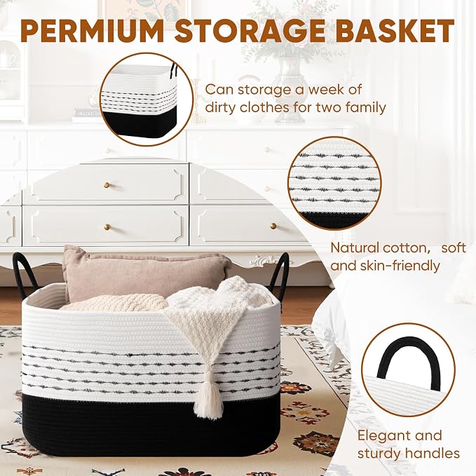 OIASKET 75L Large Cotton Rope Storage Basket, Soft Decorative Blanket Basket for Living Room & Bedroom, Boho Laundry Hamper with Handles Capable of Holding Pillows, Clothes and Toys-Black & White