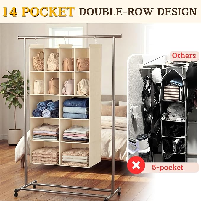 5 Tier Hanging Closet Organizer, 14 Compartments Dual Row Storage, Beige | Closet Organizers and Storage with Large & Small Cubbies, 3 Sturdy Hooks Support Heavy Loads, Ideal for Dorm, Garment Rack