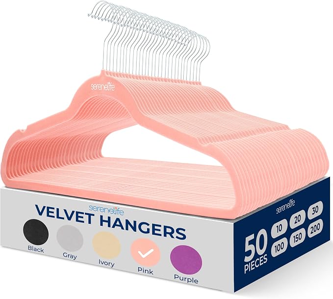 SereneLife Velvet Hangers – 50 Pack, Slim & Space Saving for Closets | Soft velvet grip prevents slipping on silk, satin & knitwear – 360° swivel hook fits all standard closet rods