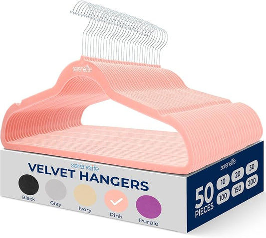 SereneLife Velvet Hangers – 50 Pack, Slim & Space Saving for Closets | Soft velvet grip prevents slipping on silk, satin & knitwear – 360° swivel hook fits all standard closet rods