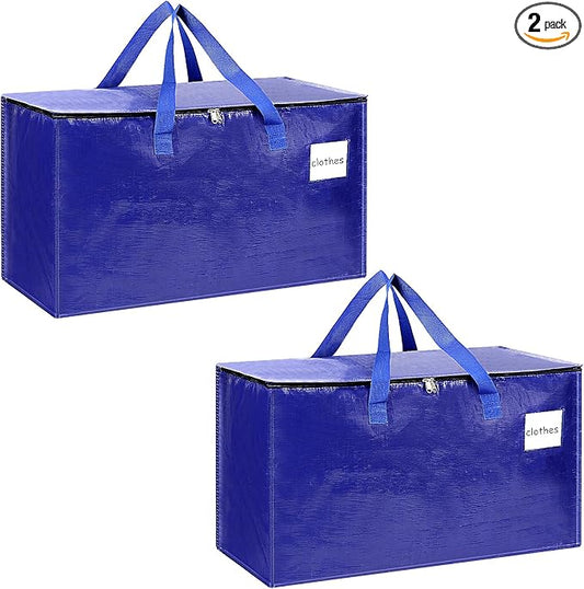 2-Pack Extra-Large Heavy-Duty Storage Totes with Reinforced Handles, Durable Zippers & Waterproof Material — Perfect for Space-Saving, Moving, Shipping and Travel (BlUE)