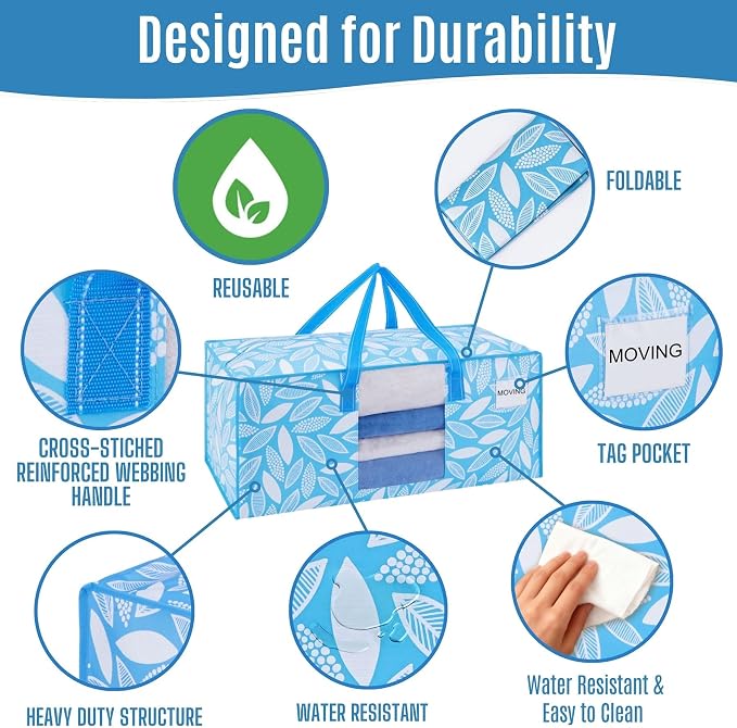 VENO 6 Pack Heavy Duty Moving Bags, Packing Bags with Clear Window, Alternative to Moving Boxes, Storage Bins for Clothes, Blankets, Comforters, College Dorm Essentials (Spring Breeze, 6 Pack)