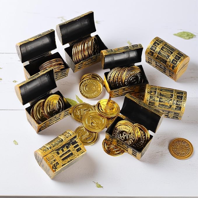 36Pcs Mini pirate treasure chest 2.28 x 1 x 1.57 Inch Plastic toy pirate chest with a Gold finish Vintage pirate small decorative box for Kids prizes Halloween Birthday Party Props